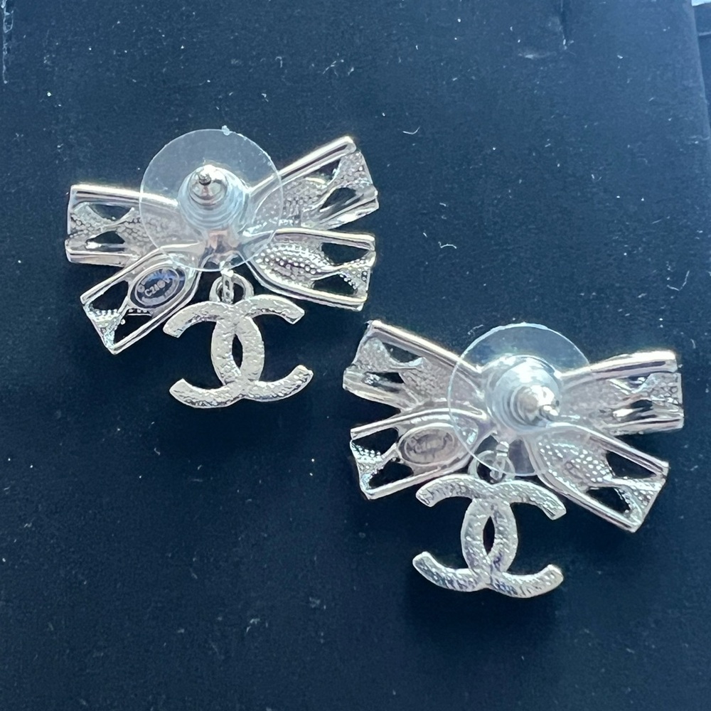 C24 Chanel Butterfly CC Logo Silver HW  Crystal Pendent  Earrings - Picture 3 of 5